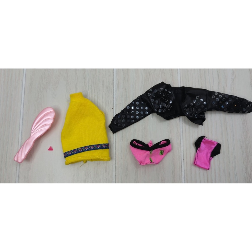 Vintage Benetton yellow top Rappin Rockin Barbie black jacket pink bikini lot